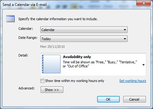 Attach a Calendar Range Open a new message Click Attach Item From the menu the displayed select Calendar The Send