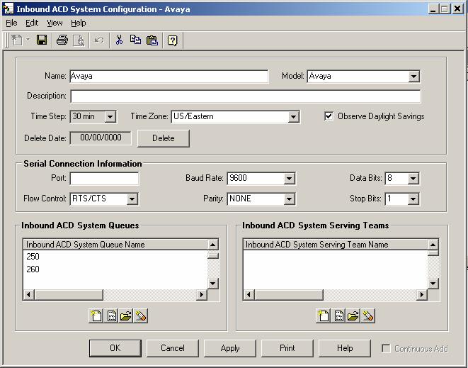 The Inbound ACD System Configuration screen is displayed. Enter the following values for the specified fields, and maintain the default values for the remaining fields.