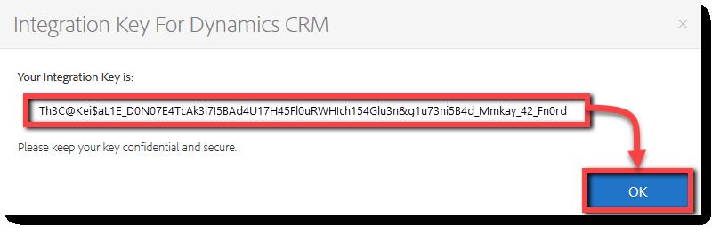Click the key definition created for Dynamics CRM o The Integration Key link is exposed at the top of