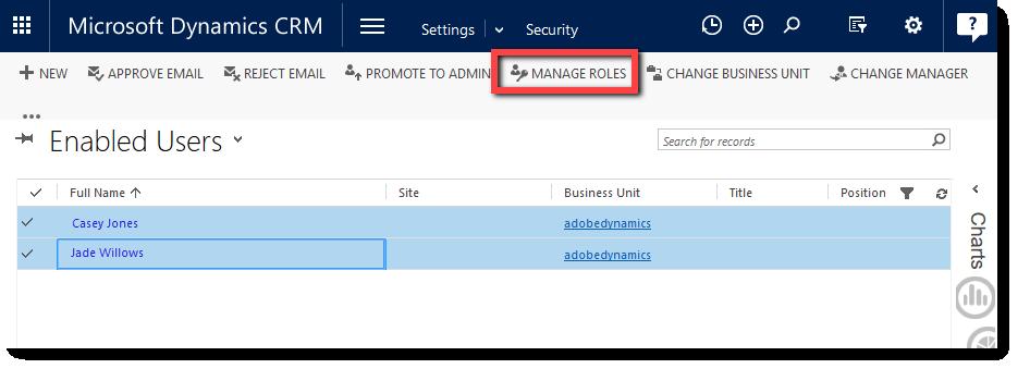 The Enabled Users page loads: Select all of the users you want to promote to one type of security role Click Manage Roles The Manage User
