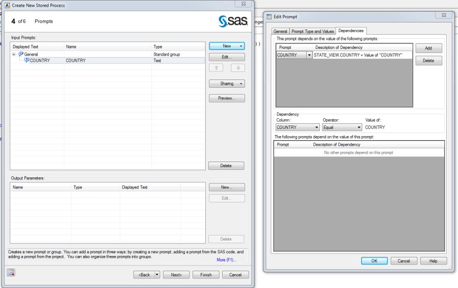 New >> Prompts from SAS code >> COUNTRY >> Prompt Type and Values >>Method for populating prompt >> User selects values from a dynamic list >> Browse to choose the STATE_VIEW from the metadata folder