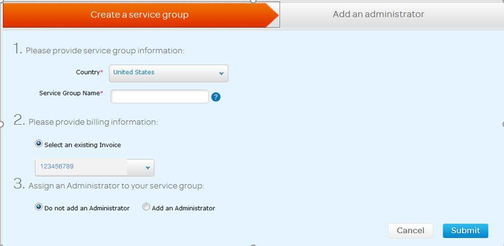 4. In the pull-down menu, click the Country you would like to associate this account with, type the Service group name in the entry field, and click the