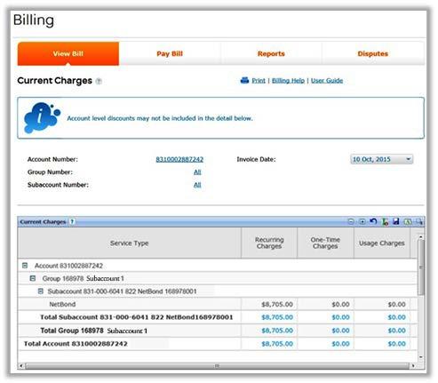 Determining Main Account and Service Group Charges Figure 0-3: Current Charges Page On the