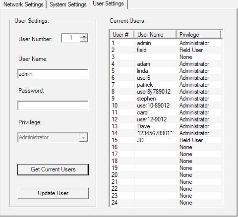 User Settings This tab can only be used with Master 8380 RPC units. Select the User Settings tab to view the current user information.