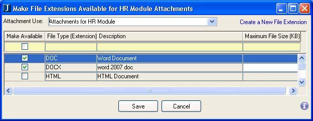 Select where you want to use attachments: throughout the hiring process, throughout the position requisition process, or throughout HR. Select the types of file attachments users can add.