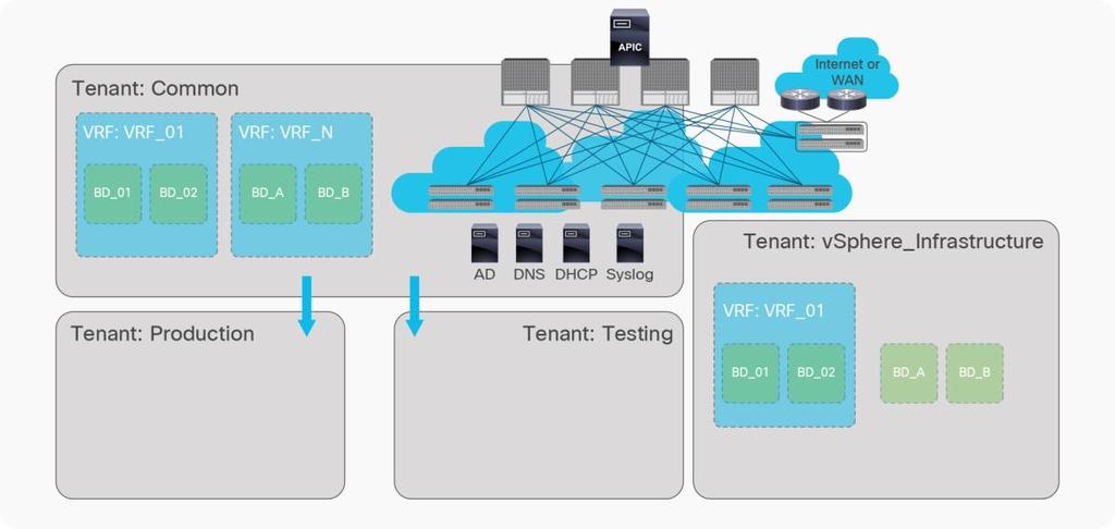 Figure 3. Cisco ACI tenancy model The Cisco ACI tenancy model facilitates the administrative boundaries of all network infrastructure. Objects in the common tenant can be consumed by any tenant.
