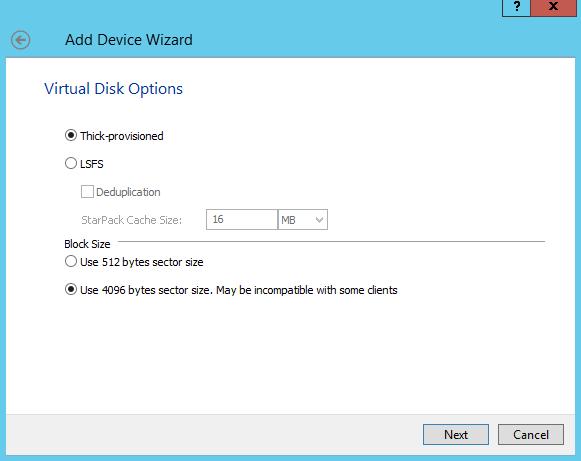 8. Specify virtual disk options. Click Next. 9.