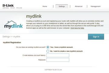 In the Settings menu on the bar on the top of the page, click mydlink. If you do not already have a mydlink account, click No, I want to create a new mydlink account.