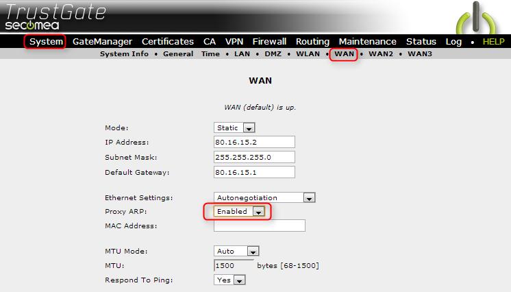 4.1.2. WAN interface: Afterwards, proxy ARP should be enabled on the WAN interface. Go to System WAN and select Enabled from the drop-down menu at proxy ARP. 4.1.3.