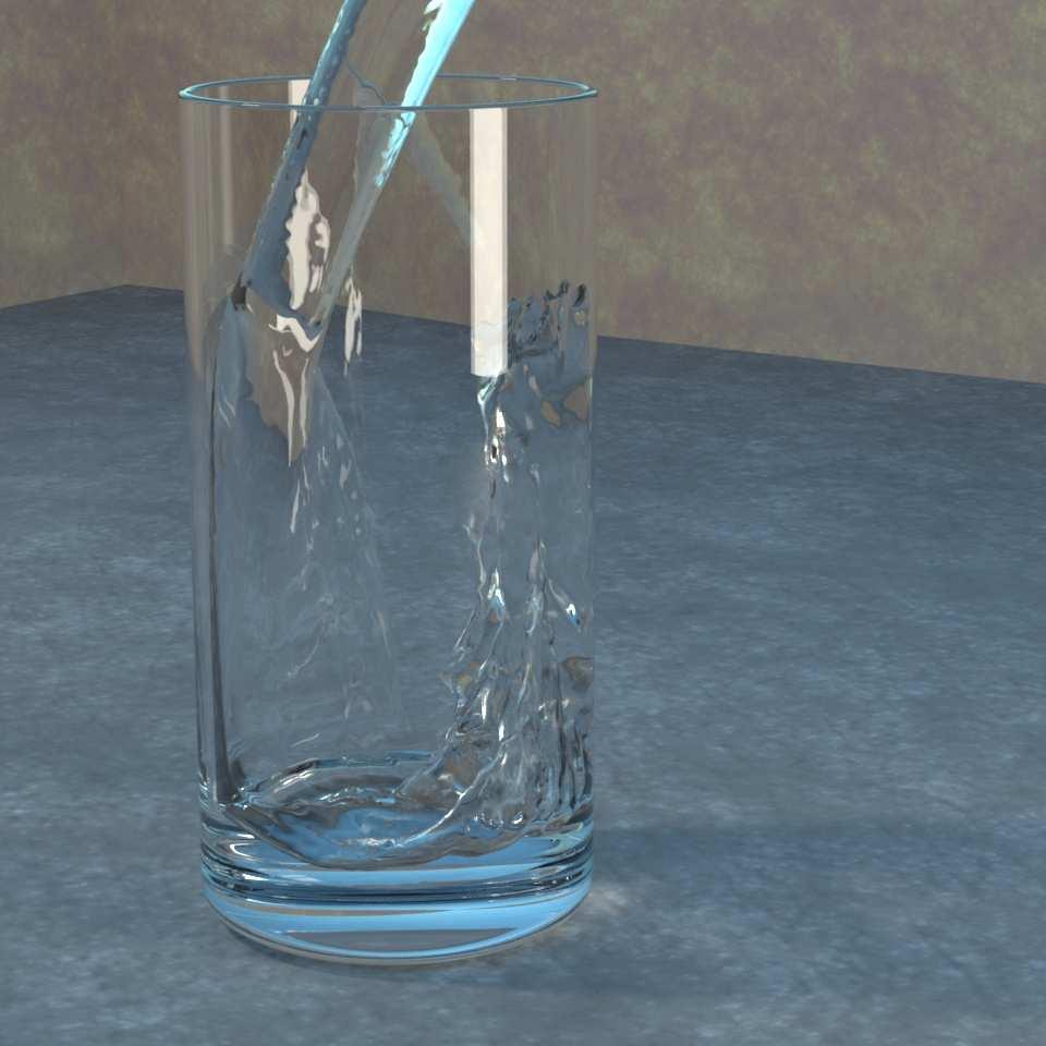 Figure 6: Simulation of a glass of water being poured. Reprinted from [29]. and used to project u to be divergence free, u = u t p.