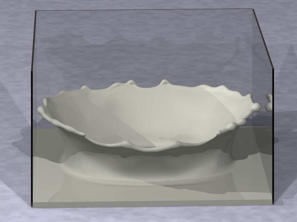 Figure 11: Simulation of a milk crown using the particle level set method on an octree data structure. Surface tension effects are incorporated as can be seen by the beads forming on the crown.