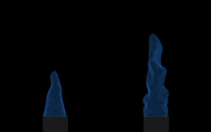 Figure 13: Blue reaction zone cores for large (left) and small (right) values of the flame reaction speed. Reprinted from [64]. become graded.