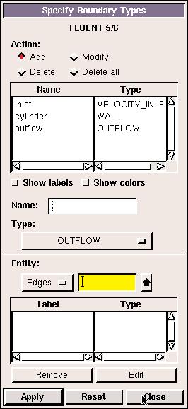 Type the label inlet next to Name. Select Velocity Inlet from the Type pull down menu Select Apply.