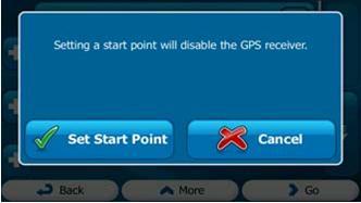 4 The first line is the start of the route, normally the current GPS position confirm your action at the warning message and 5 The Destination menu appears and you can select the start point of the