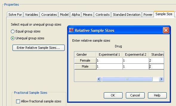 6600 Chapter 76: The Power and Sample Size Application For the example, select the Unequal cell sizes option, as seen in Figure 76.72, and then click the Enter Relative Sample Sizes button. Figure 76.73 shows the window in which you can enter relative sample sizes.