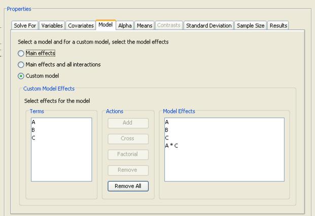 Additional Topics 6603 Figure 76.76 Model Tab with Custom Model Builder Displayed Add the three main effects (A, B, C) by selecting them in the Terms list and clicking the Add button.