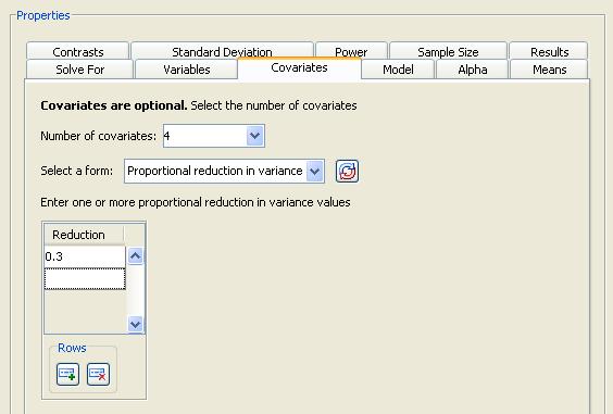 6604 Chapter 76: The Power and Sample Size Application Including Covariates Click the Covariates tab to enter covariate information. Figure 76.