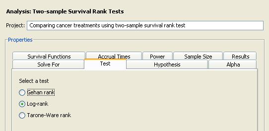 The Example 6607 Figure 76.79 Test Tab Several rank tests are available: Gehan, log-rank, and Tarone-Ware.
