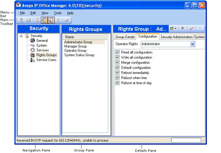 Security Mode The Security Mode Interface Manager can be switched to security mode. This mode it is used to load and edit the security settings of an IP Office 3.2 system.