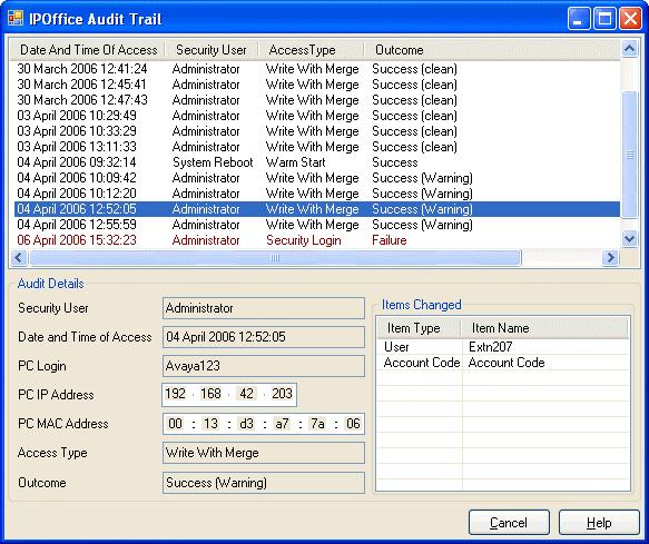 Menu Bar Commands File Advanced Audit Trail The audit trail lists the last 16 actions performed on the system from which the configuration loaded into Manager was received.