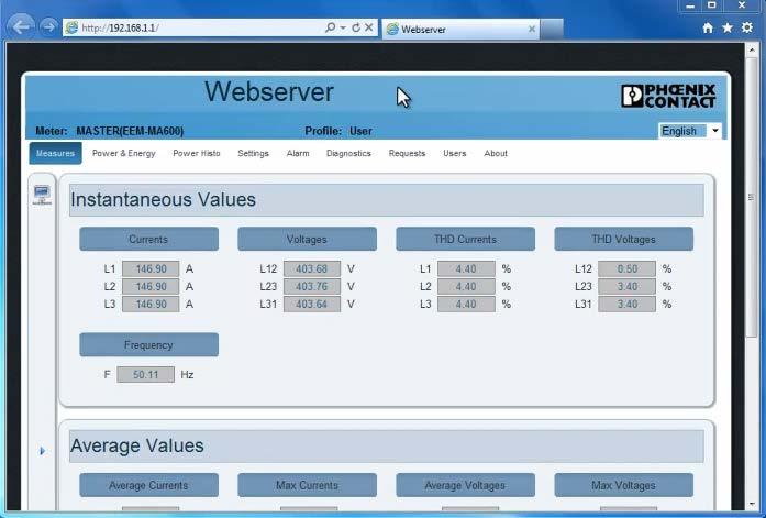 4 Reading the measured values (example: EMpro web server) Up to 10 slaves can be connected and evaluated via the web server interface.