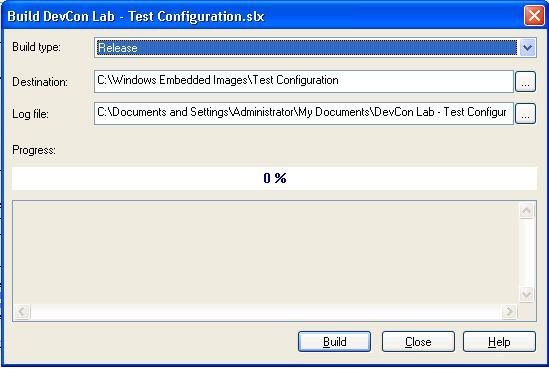 Creating and Testing the Run-Time Image From the Configuration menu select Build Target Image The destination location should be in the C:\Windows Embedded Images path with a directory that is named