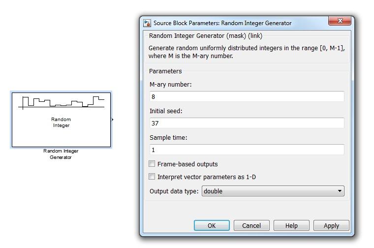 4. Implementation and Evaluation of the Solution Figure 4.2.: Random Integer Generator block and its dialog box the masking method also has been used. According to the YellowCar mode (Figure 4.