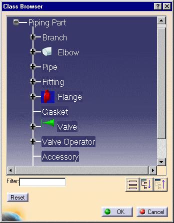 3. The Class Browser allows you to select the type of piping part you want to create.