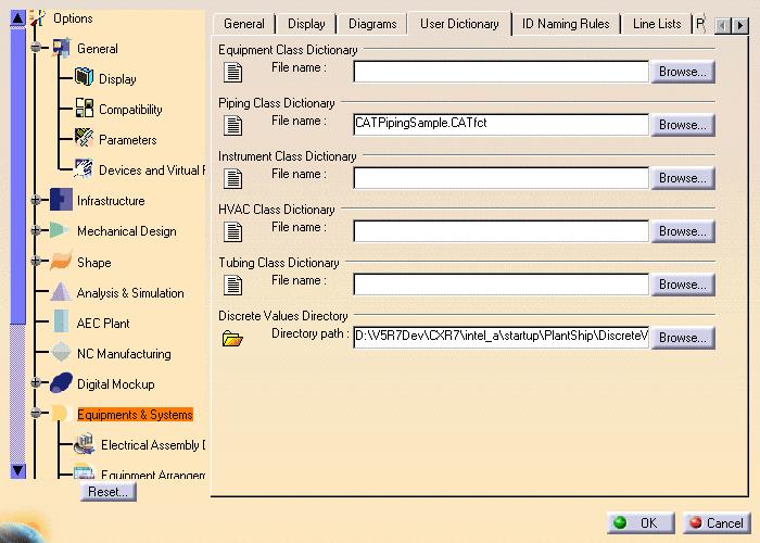 This task explains the User Dictionary settings. User Dictionary settings The User Dictionary tab is one of three tabs under the Options menu that is specific to Piping Design, PID and HVAC Diagrams.