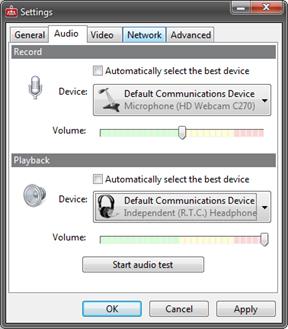Figure 8: Checking the audio configuration for Scopia XT Desktop Client 6. Select Start audio test. 7.