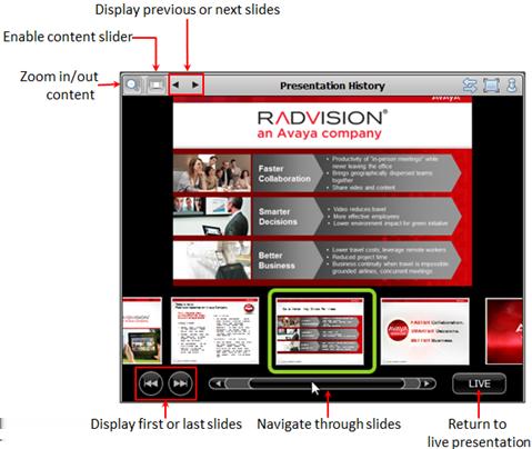 Figure 22: Navigating through a presentation Procedure Perform one of the following to navigate through a presentation: Swap positions of the video and presentation panes by selecting.