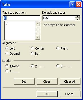 5.12 Word Processing Fundamentals 4 Click the Set button. The tab is set, and the tab position number appears in the Tab stop position list. 5 Type 2.5, and click the Set button.