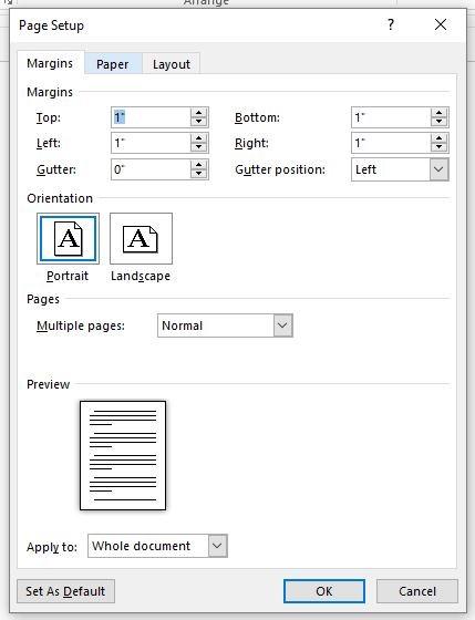 PAGE LAYOUT TAB Margins Within the Page Layout Tab on the far left is an icon for Margins. Word will default to the standard margins: 1 borders. Margins can be changed using the drop down menu.