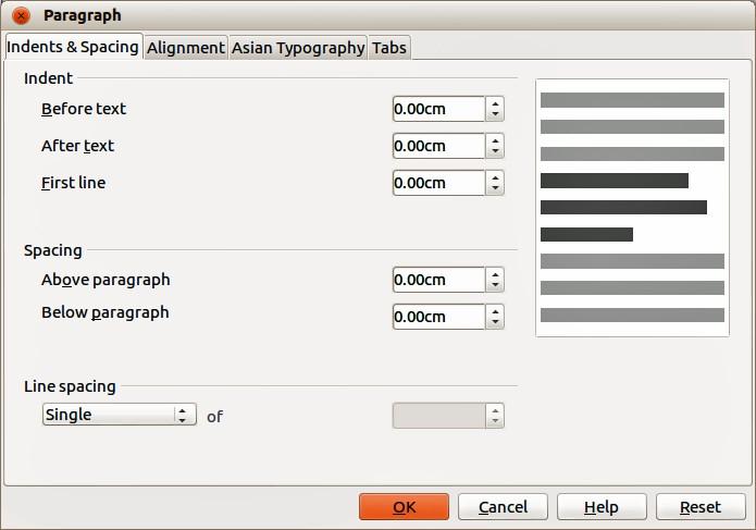 Figure 15: Indents and Spacing in Paragraph dialog Indents and Spacing page The Indents and Spacing page (Figure 15) has four sections and is also available in Presentation Styles dialog and Graphics
