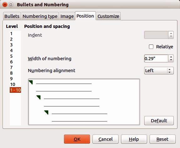 Figure 21: Bullets and Numbering Position page 4) Set Width of numbering to make sure there is enough room in a numbered list for numbers when they consist of two or more digits.