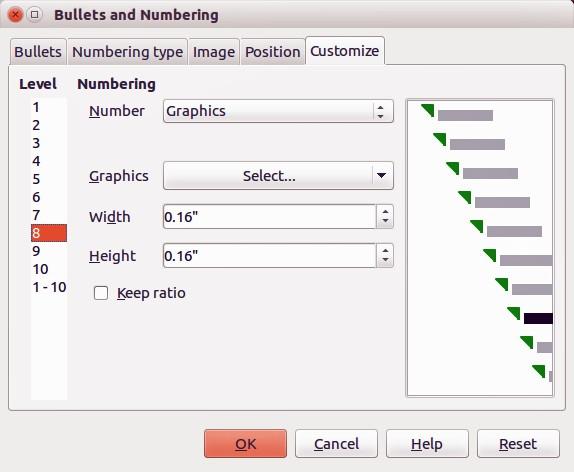 Figure 22: Bullets and Numbering Customize page 3) Select the options you want to use when customizing your list. The options available are described below.