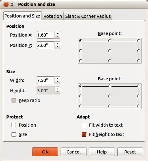 Figure 6: Position and Size dialog 2) Press F4, or select Format > Position and Size from the main menu bar, or right-click and select Position and Size from the context menu to open the Position and