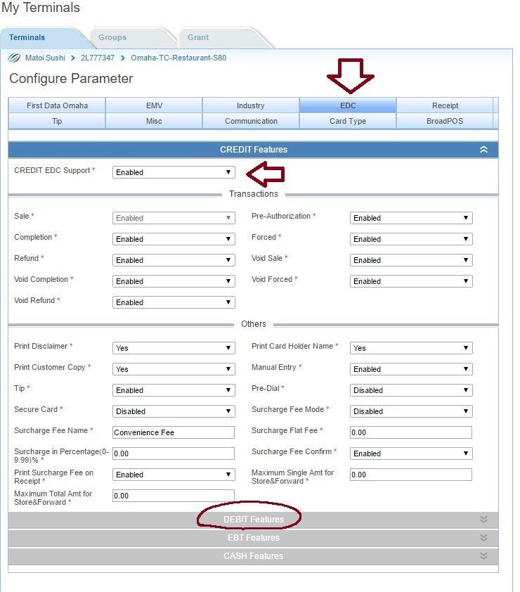 PAX S80 Manual - 9 M. Next click "EDC" Only ENABLE "CREDIT EDC Support" N. Click on "Debit Features" (circled) and DISABLE Debit EDC Support O.