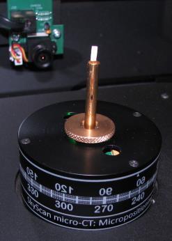 Fig.2: Samples glued on brass pins The scanner model being used is the Skyscan1172, which allows scans with high spatial resolution with a smallest possible pixel size of less than 0.8 micron.