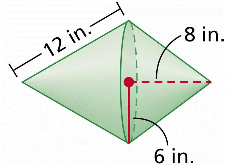Find the surface area of the composite figure. Left-hand cone: The lateral area of the cone is L = rl = (6)(12) = 72 in 2.