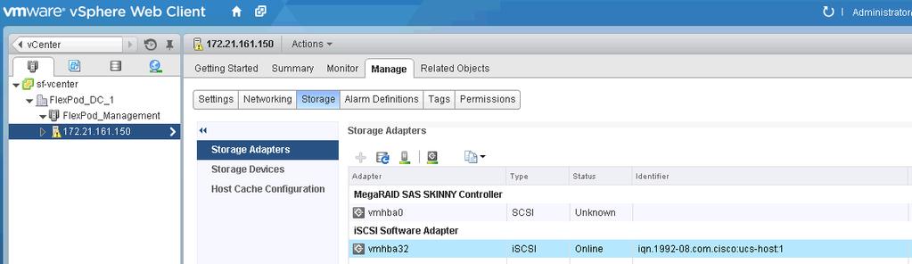 Select the ESXi host to which you want to add the SolidFire iscsi datastore. 4. Select the Manage tab. 5. Select the Storage tab. 6. In the left pane, click Storage Adapters. 7.