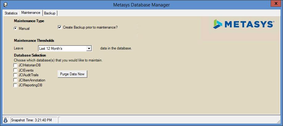 Figure 6: Maintenance Tab You can back up a database before you purge it. Backing up a database ensures that you can restore purged data, if necessary. See Backing up a Database.