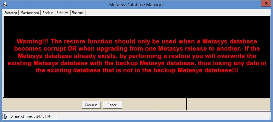 Important: Restoring a database deletes any information that is in the database from the time the backup was created to when it was restored.