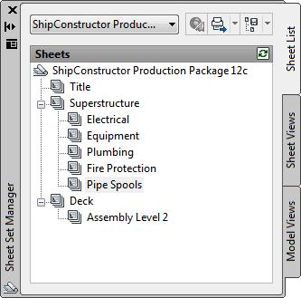 The user interface is the Sheet Set Manager (SSM) which is a dockable pallette and is opened with the function SSM, SHEETSET, Ctrl + 4 or in the Ribbon under View - Pallettes The Sheet Set Manager is