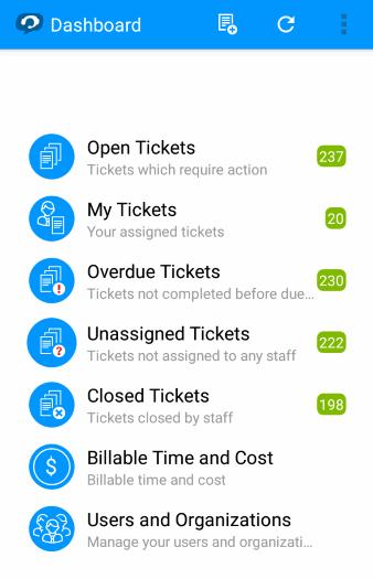 Select 'Open Tickets' on the dashboard to view a list of all open tickets The hamburger the app. Select any ticket to view more details and take ticket actions.