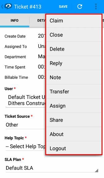 Tapping the ticket (or swiping right) opens the ticket. Each ticket has 'Info', 'Details', 'Thread', 'Time Spent' and 'Materials' tabs. Click here to find out more about these items.