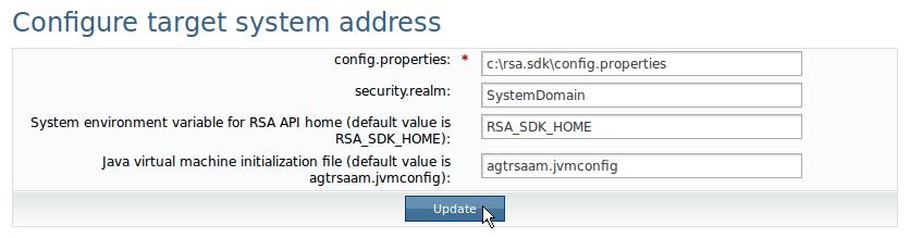 8. Enter agtrsaam.jvmconfig in the Java virtual machine initialization file field 9. Click the Update button. 10.