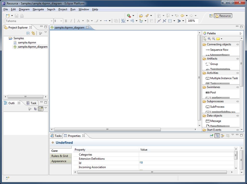 the diagram file is opened and it is initially empty. At the right, the tool palette provides the available tools to create elements in the diagram. Figure 32. rbpmn Editor with an empty diagram.