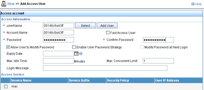 Figure 7-10 Add account 4) Verify the configuration After the client passes the authentication, the client can associate with the AP and access the WLAN.