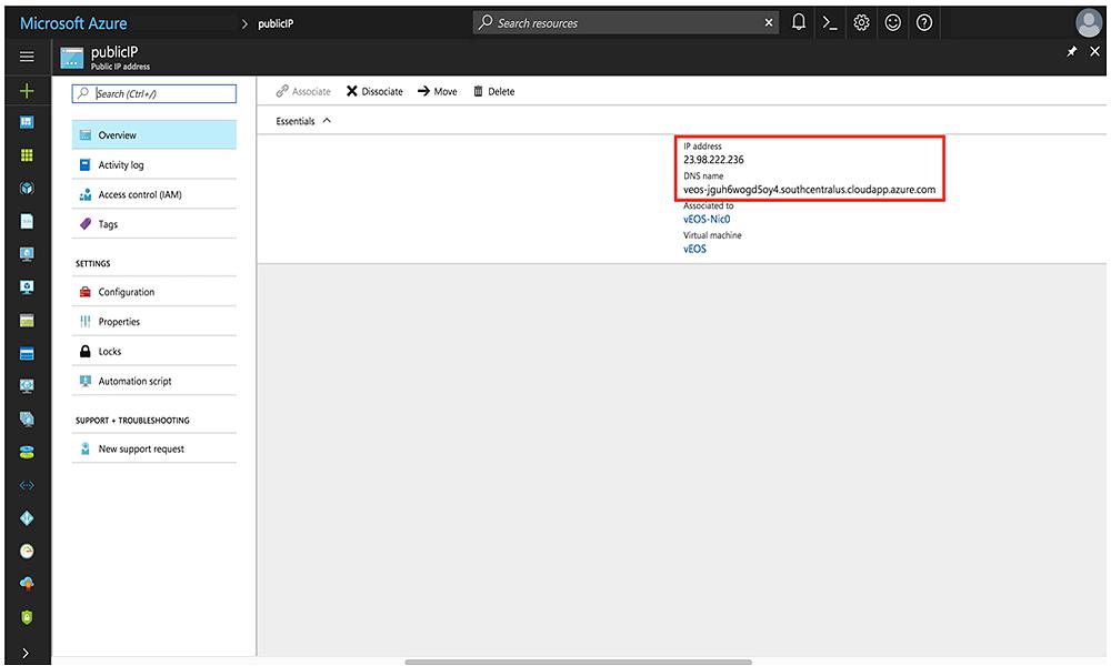 Using the veos Router on Microsoft Azure Figure 11: Locating the IP address and DNS NOTE: If either of these fields is not populated, your instance still deploys.
